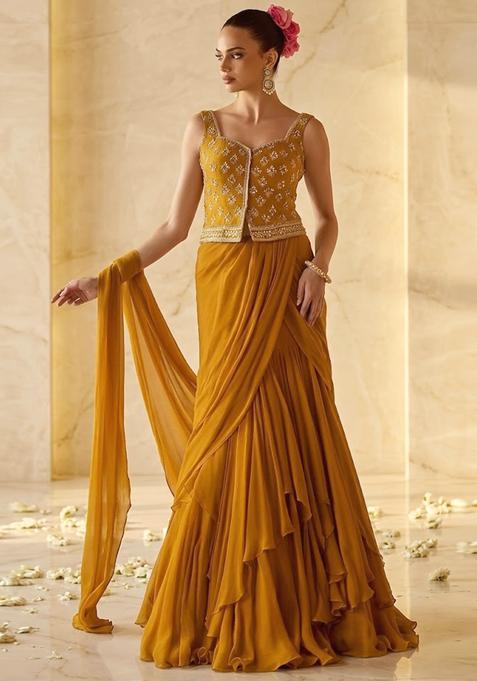 Mustard Embroidered Handwork Pre Draped Saree Set