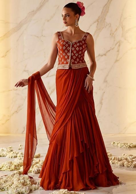 Orange Embroidered Handwork Pre Draped Saree Set