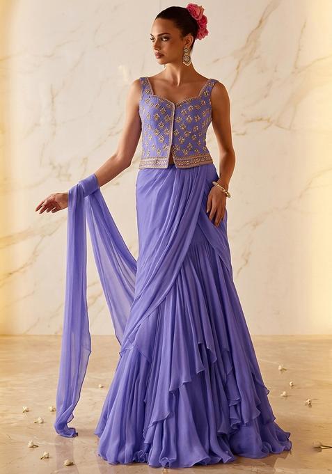 Lavender Embroidered Handwork Pre Draped Saree Set