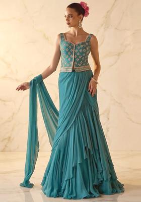Teal Green Embroidered Handwork Pre Draped Saree Set