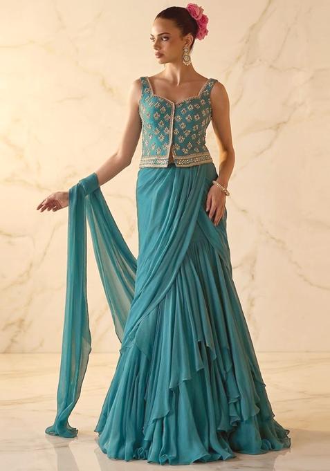 Teal Green Embroidered Handwork Pre Draped Saree Set