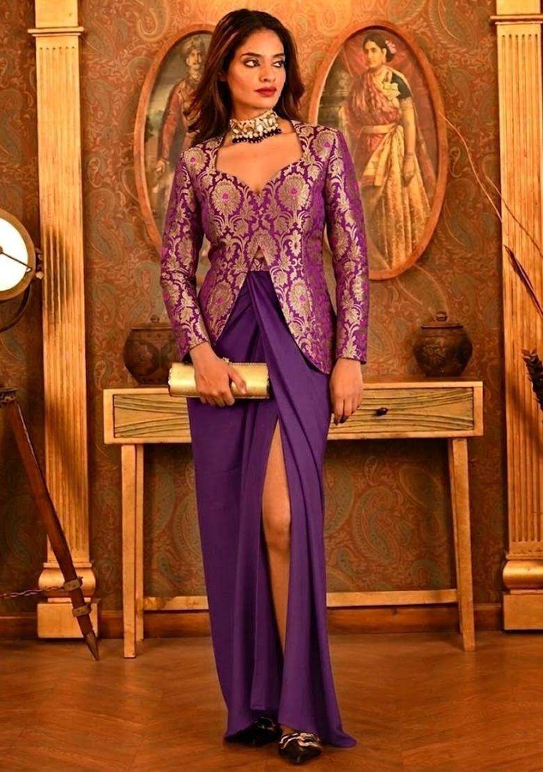 Purple Silk Fusion Set for Diwali and Festive Wear - Indya