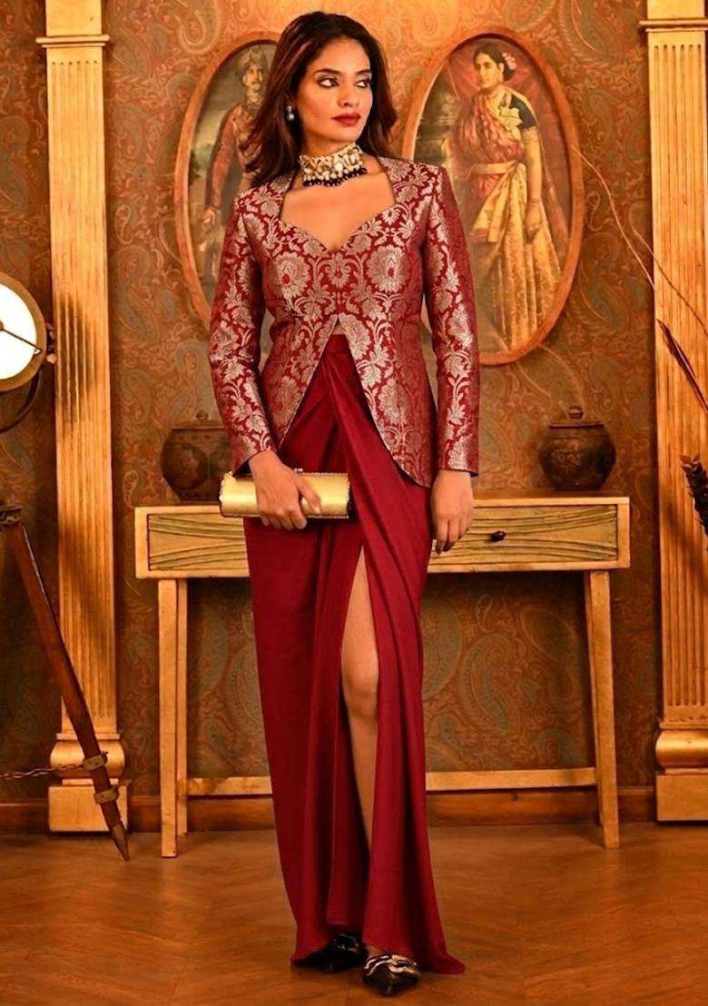 Crimson Red Silk Fusion Set for Diwali | Wedding & Festive Wear - Indya