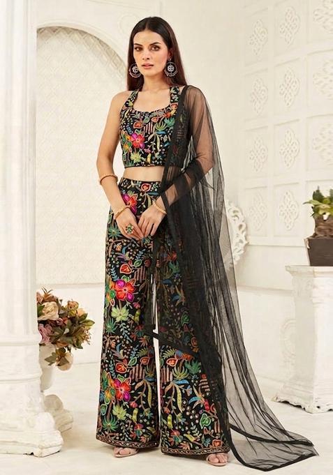 Black Printed Crepe Fusion Set