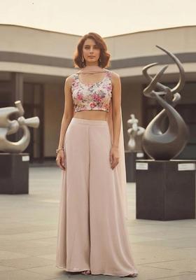 Beige Printed Organza Fusion Set