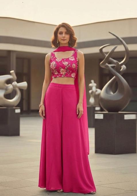 Pink Printed Organza Fusion Set