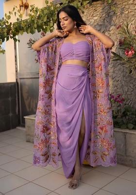 Purple Embroidered Organza Fusion Set