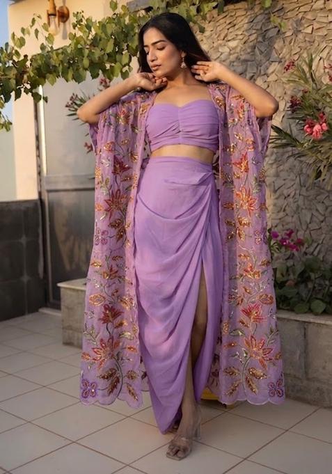Purple Embroidered Organza Fusion Set