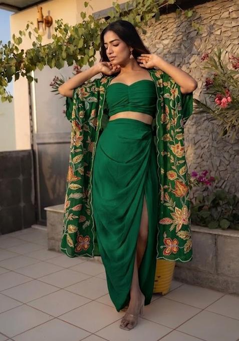 Bottle Green Embroidered Organza Fusion Set