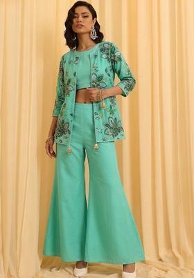 Mint Green Printed Organza Fusion Set