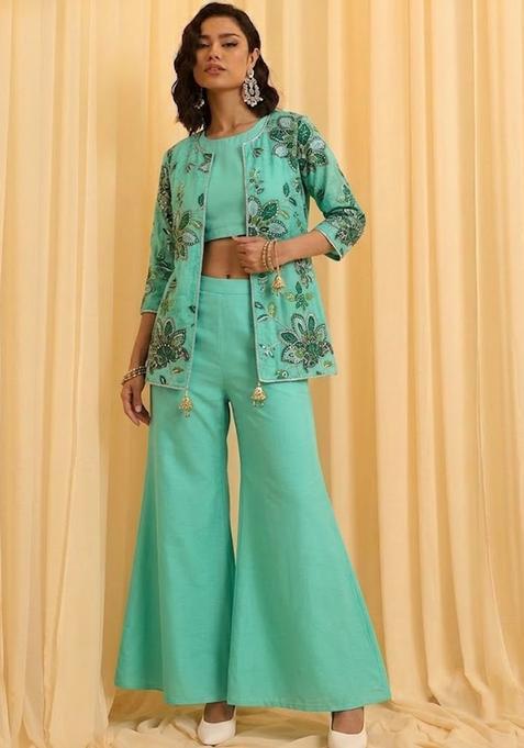 Mint Green Printed Organza Fusion Set