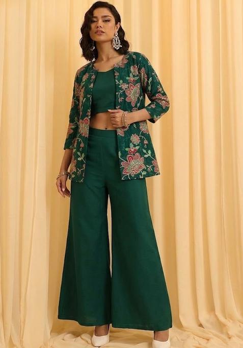 Bottle Green Printed Organza Fusion Set