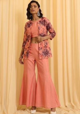 Peach Printed Organza Fusion Set