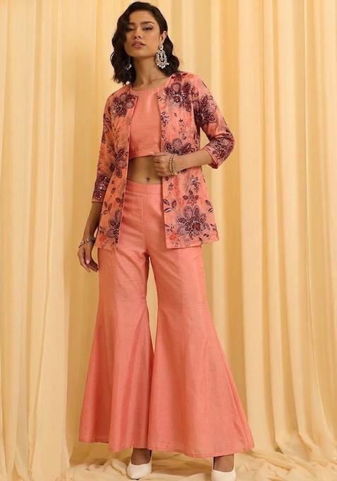 Peach Printed Organza Fusion Set