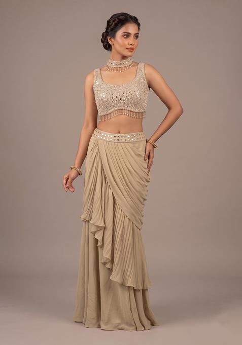 Beige Embroidered Handwork Fusion Set