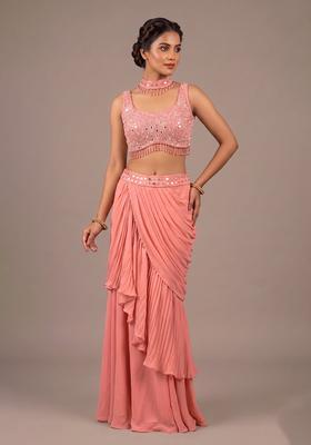 Peach Embroidered Handwork Fusion Set