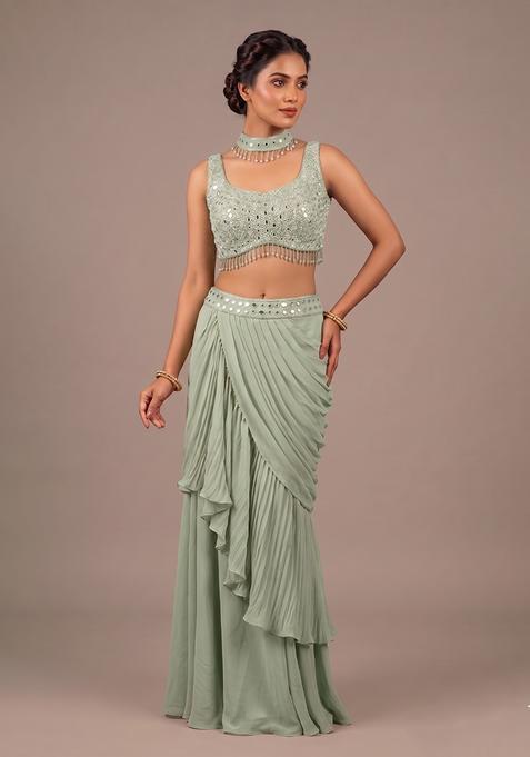 Pastel Green Embroidered Handwork Fusion Set