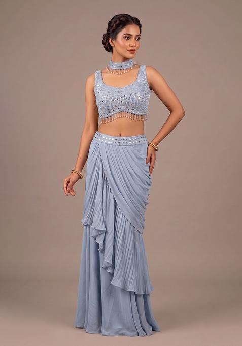 Pastel Blue Embroidered Handwork Fusion Set