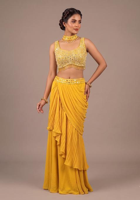 Yellow Embroidered Handwork Fusion Set