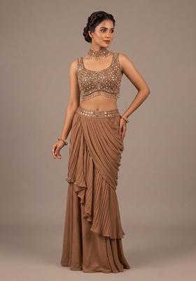 Brown Embroidered Handwork Fusion Set