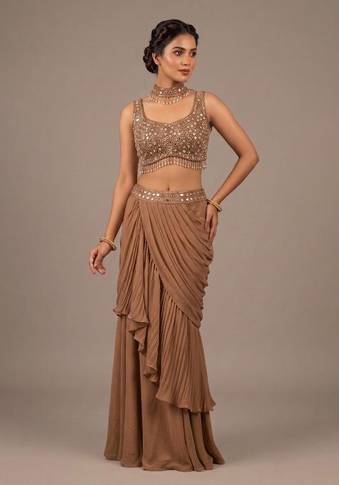 Brown Embroidered Handwork Fusion Set