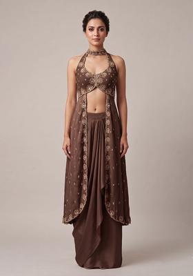 Brown Embroidered Handwork Fusion Set