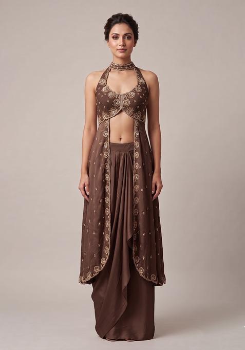 Brown Embroidered Handwork Fusion Set