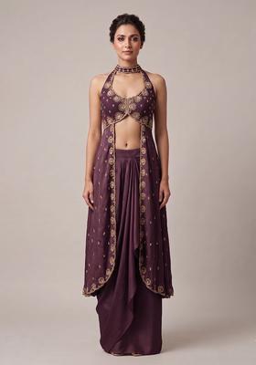 Purple Embroidered Handwork Fusion Set