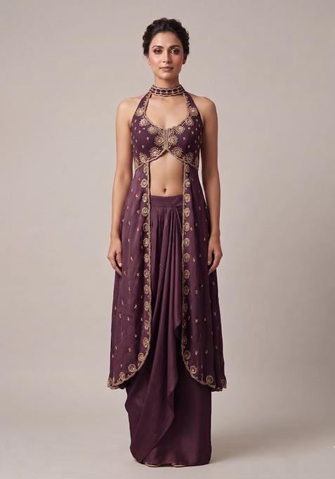 Purple Embroidered Handwork Fusion Set