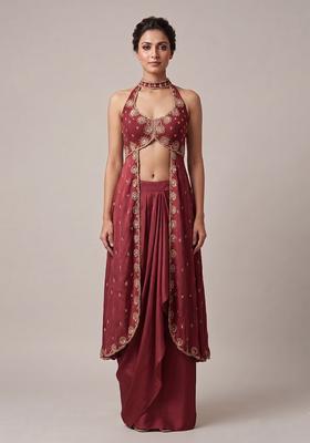 Red Embroidered Handwork Fusion Set