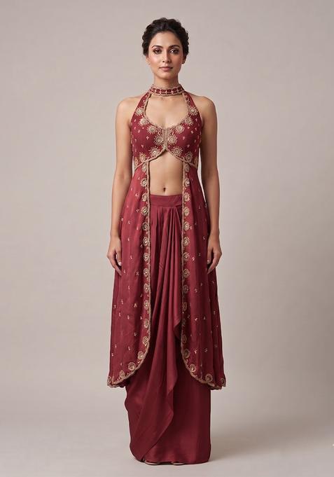 Red Embroidered Handwork Fusion Set