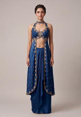 Dark Blue Embroidered Handwork Fusion Set