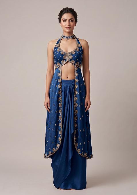 Dark Blue Embroidered Handwork Fusion Set