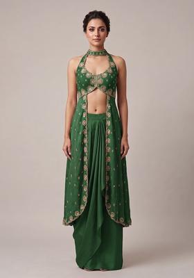Dark Green Embroidered Handwork Fusion Set