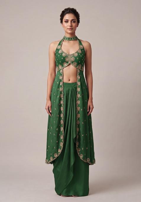 Dark Green Embroidered Handwork Fusion Set