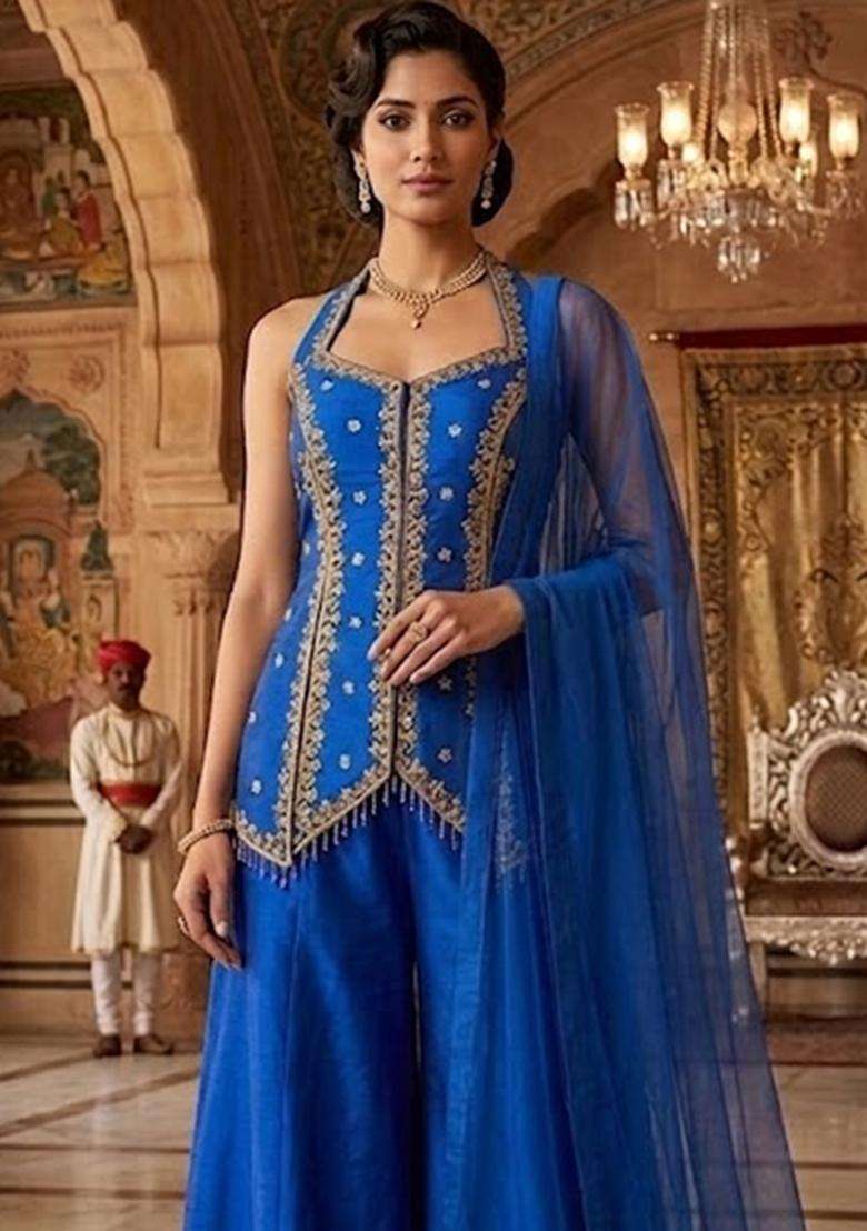 Dark Blue Embroidered Handwork Sharara Set - Indya