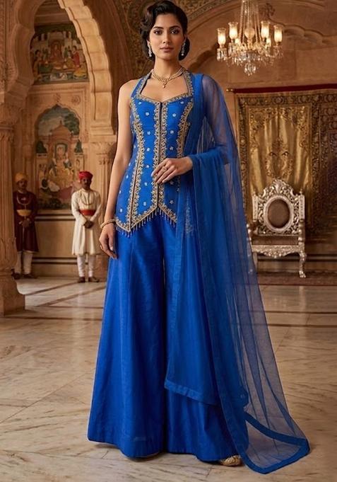 Dark Blue Embroidered Handwork Sharara Set