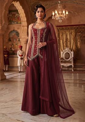 Maroon Embroidered Handwork Sharara Set