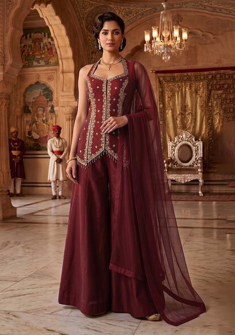 Maroon Embroidered Handwork Sharara Set