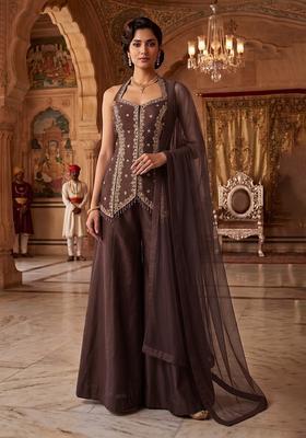 Chocolate Embroidered Handwork Sharara Set