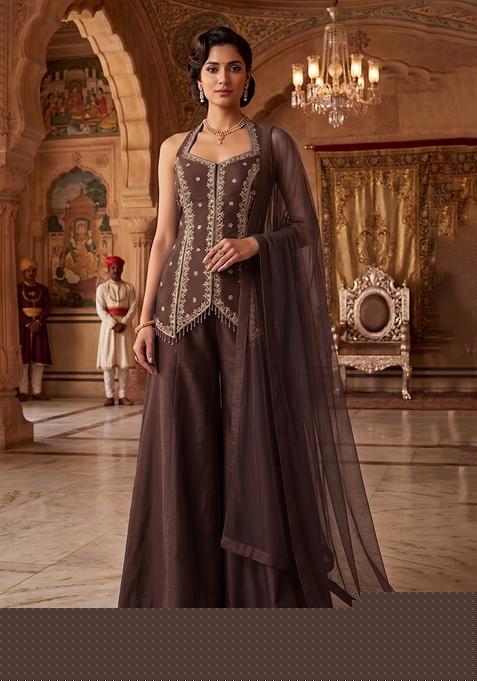 Chocolate Embroidered Handwork Sharara Set