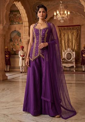 Purple Embroidered Handwork Sharara Set