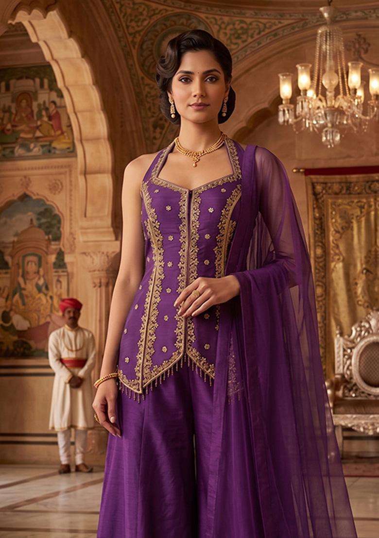 Purple Embroidered Handwork Sharara Set - Indya
