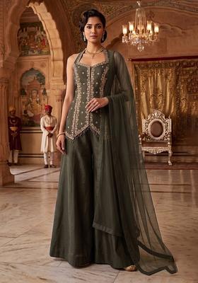 Grey Embroidered Handwork Sharara Set