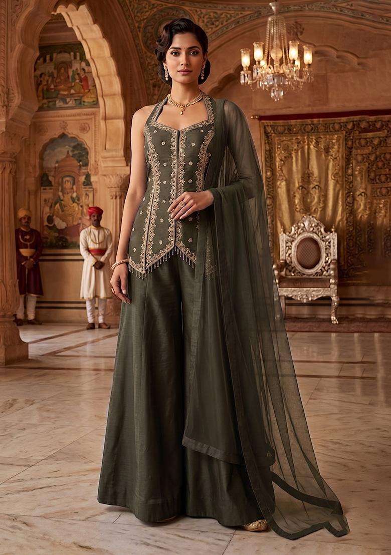 Grey Embroidered Handwork Sharara Set - Indya