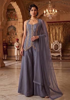 Grey Embroidered Handwork Sharara Set