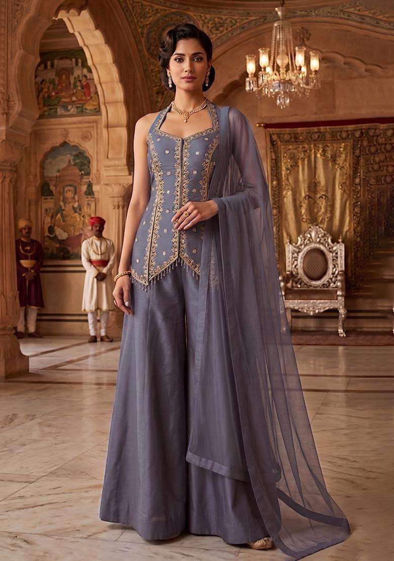 Grey Embroidered Handwork Sharara Set - Indya