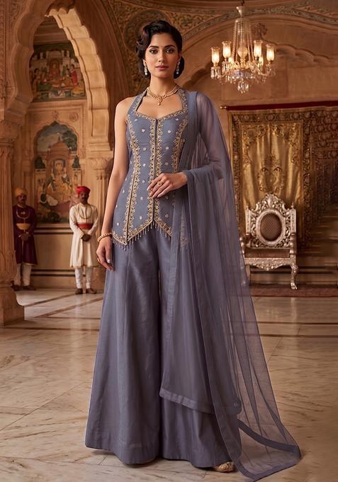 Grey Embroidered Handwork Sharara Set