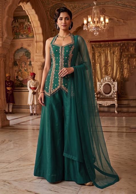 Bottle Green Embroidered Handwork Sharara Set