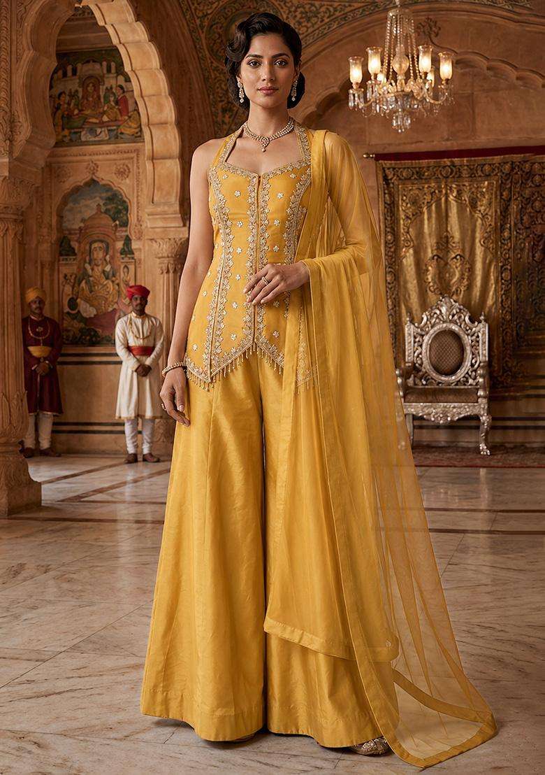 Yellow Embroidered Handwork Sharara Set - Indya
